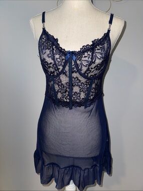 Navy Lace Sheer Chemise with Bow Detail and Thong panty